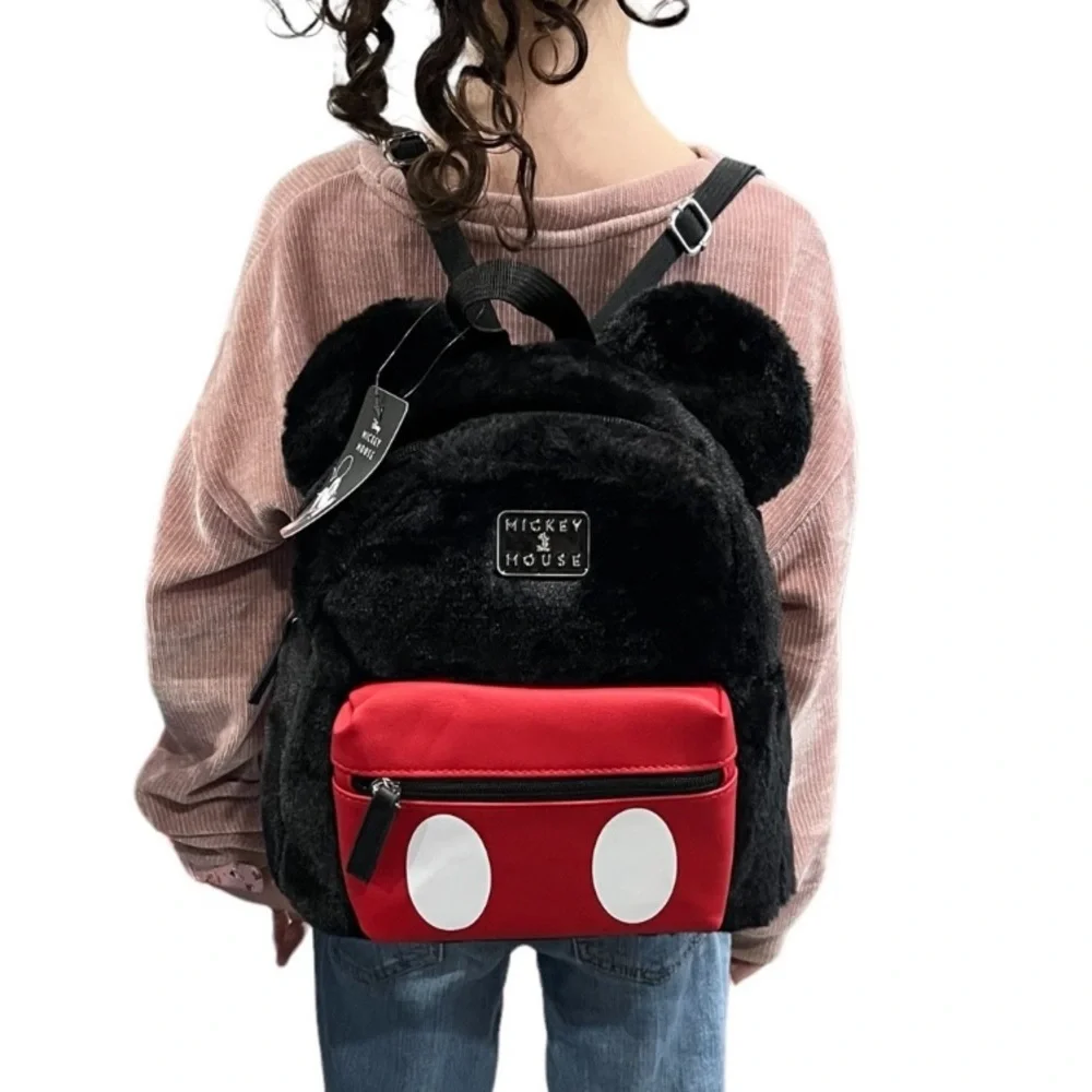 Brand New Disney Mickey Mouse Furry Fuzzy Black & Red Zippered Mini Back